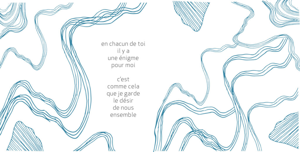 Carte postale poétique "Énigme", graphisme de Nirine Arnold. Message poétique joyeux célébrant l'amour et l'énigme que représente la personne qu'on aime.